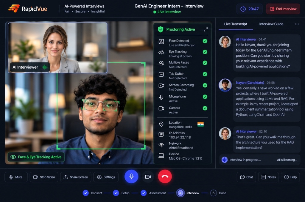 RapidVue Candidate Live Interview Portal showing Jenny the AI interviewer, face and Eye Tracking active HUD, and live transcript